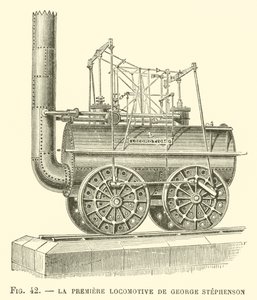 La Premiere Locomotive av George Stephenson (gravyr) av French School