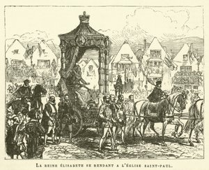 Drottning Elisabeth på väg till St. Pauls kyrka (gravyr) av French School