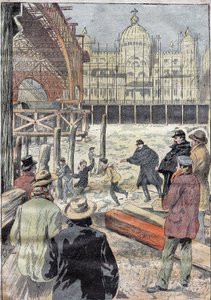 La Seine gelee, nära järnbron som byggdes för den universella utställningen, bredvid Pont des Invalides, vintern 1899. Gravyr i "" Le Pelerin"" 31/12/1899. av French School