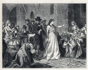La Terreur under den franska revolutionen: Madame Jeanne Marie Roland de la Platiere (1754-1793) lämnar Concierge-fängelset för att gå inför revolutionsdomstolen 1793. Hans företrädare knäböjer på hans väg. av French School