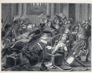 La Terreur under den franska revolutionen: arrestering av Maximilian de Robespierre (1758-1794) och hans anhängare återförenades på Hotel de Ville de Paris den 9 Thermidor år II (27 juli 1794). I mitten avfyrade en gendarm en pistol mot Robespierre (1758-1 av French School
