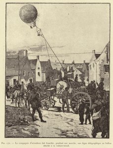 Sällskapet av ballongfarare korsar, under en marsch, en telegrafisk linje till ballongen som är fäst vid dess vinschvagn (gravyr) av French School