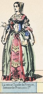 Drottning Claude av Frankrike, fru till Francois I (färgad gravyr) av French School