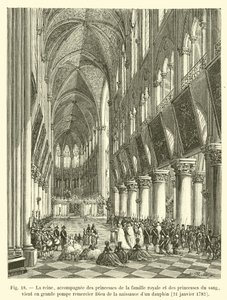 Drottningen, tillsammans med prinsessorna av den kungliga familjen och prinsessorna av blodet, kommer med stor pompa för att tacka Gud för födelsen av en Dauphin, 21 januari 1782 av French School