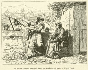 Häxan Calpurnia övertalar Nuccia att Meo Patacca förråder henne (gravyr) av French School