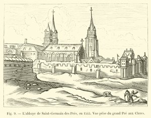 Abbey of Saint-Germain des Pres, 1545, utsikt från Grand Pre aux Clercs av French School