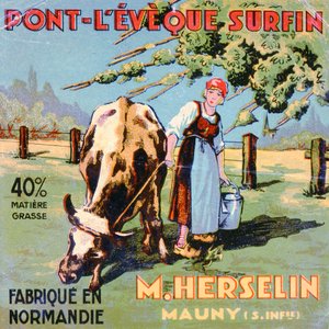 Etikett för Pont-LEveque-ost gjord av ostmakaren M. Herselin, tidigt 1900-tal av French School