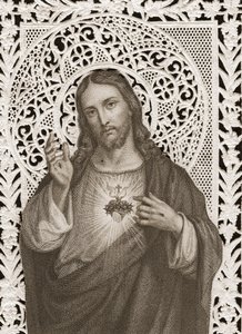 Spetskort som visar The Sacred Heart of Jesus, 1800-talet (bw litho) av French School