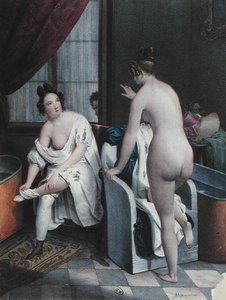 Damer som tar ett bad, ca 1840 (litho i färg) av French School
