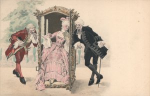 Dam i bärstol med manliga beundrare (kromolitho) av French School
