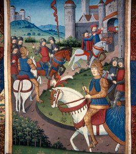 Lancelot anländer till en fransk by (vellum) av French School