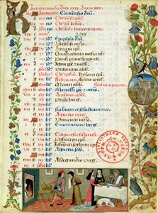 Lat 1173 f. 1 januari; figurer som äter och dricker, av Robinet Testard, från Charles Hours of Angouleme av French School