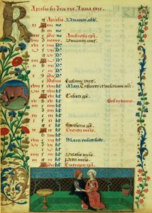 Lat 1173 f.2v april; Två älskare som sitter utomhus, av Robinet Testard, från The Hours of Charles of Angouleme av French School