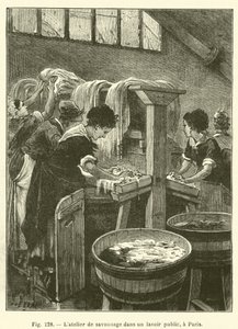 Såpverkstaden i en offentlig tvättstuga, i Paris (gravyr) av French School