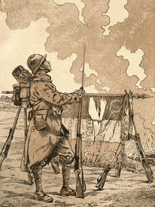 Le Bleuet. Symbol för minne och solidaritet i Frankrike, för veteraner och offer från första världskriget. Fransk propagandaillustration från första världskriget som frammanar franska segrar genom tiderna. Från Agenda Buvard du Bon Marche publicerad 1917. av French School