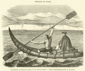 Cavallito, eller halmbåt, vid Perus kuster (gravyr) av French School