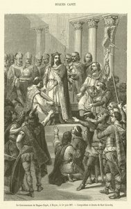 Kröningen av Hugues Capet, i Noyon, 1 juni 987 (gravyr) av French School