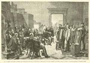 Den engelska juryn som väljer ut målningarna för världsutställningen 1878 i Paris (gravyr) av French School