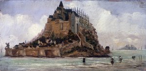 Le Mont Saint-Michel en låg sto - olja på panel, anonym av French School