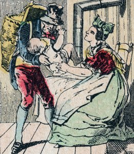 Le Pere Fouettard fransk karaktär för den piskande fadern, legendarisk folklorefigur som straffar de stygga barnen och omsluter de olydiga, Epinal bild 1800-talet (gravyr) av French School