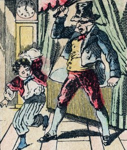 Le Pere Fouettards legendariska folklorekaraktär, som straffar okloka barn med sin piska och omsluter olydiga barn, bild av Epinal av French School