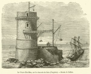 The Lighthouse of Ar-Men, på Chaussée de Sein, Finistere (gravyr) av French School