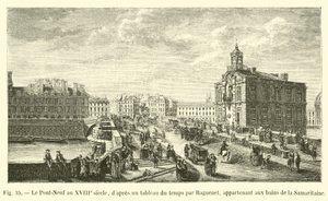 Pont-Neuf på 1700-talet, enligt en dåtida målning av Raguenet, tillhörande Samaritaine-baden av French School