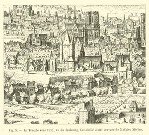 Templet omkring 1620, sett från faubourg, faksimil av en gravyr av Mathieu Merian av French School