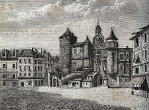 Le Vieux Paris - le Grand Chatelet - Gravyr i "" Fysisk, civil och moralisk historia i Paris: från de tidigaste historiska tiderna till idag" av Jacques Antoine Dulaure av French School