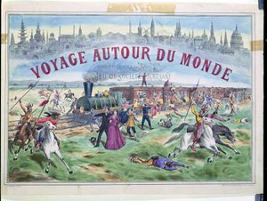 Le Voyage Autour du Monde, omslag till en låda för ett spel baserat på Around the World in 80 Days av Jules Verne (1828-1905) av French School