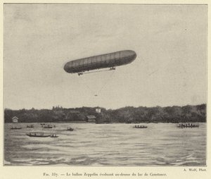 Zeppelinballongen flyger över Bodensjön (gravyr) av French School
