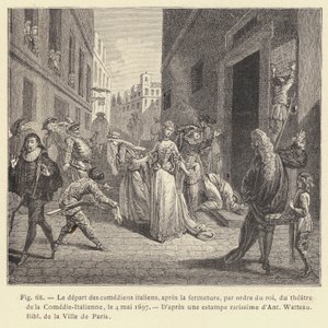 De italienska skådespelarnas avgång, efter stängningen, på kungens order, av Comedie-Italiennes teater, 4 maj 1697 (gravyr) av French School