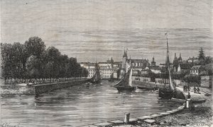 Le port de Vannes (Morbihan, Frankrike)// Hamnen i Vannes (Morbihan, Frankrike) - gravyr i "La France illustrée: geographie, histoire, administrationstatistique" av V.-A. Maltbrunt. 1884 av French School