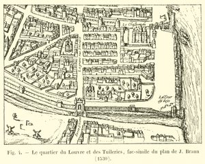 Louvren och Tuilerierna, faksimil av planen av J Braun, 1530 av French School