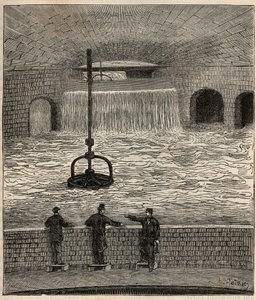 Le reservoir de Montsouris (reservoar de la Vanne), en av de fem huvudsakliga vattenreservoarerna i Paris - Gravyr i "" Vetenskapen förs till alla - fysik och kemi"" av Alexis Clerc - Slutet av 1800-talet - Privat samling av French School