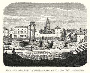 Teatern i Arles; allmän vy av scenen, tagen från de sista läktarna i ultima cavea (gravyr) av French School