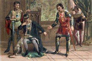 League of Public Good: Kung Ludvig XI möter Karl Temeraire i Peronne, hertig av Bourgogne. Kromolitografi omkring 1890. av French School