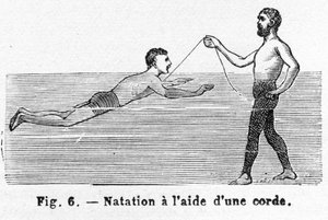 Lära sig simma med sladd, pub. 1885 gravyr, 1885. av French School