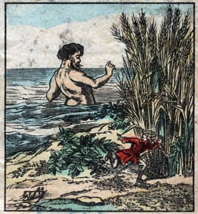 Lemuel Gulliver gömmer sig för en jätte i Brobdingnag. Illustration för "" Gulliver