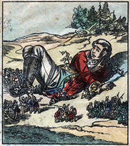 Lemuel Gulliver vaknade efter sitt skeppsbrott och togs till fånga av lilliputerna. Illustration för "" Gulliver