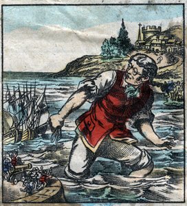 Lemuel Gullliver avfyrade fartygen från Blefuscu-armén till huvudstadshamnen Lilliput. Illustration för "" Gulliver