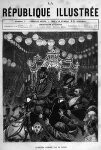Leon Gambetta (1838-1882) hälsar statyn på Place de la Republique i Paris. En tidning. Gravyr från 1880 i "La republique illustree"" privat samling. av French School