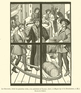 The Brewers, målat glasfönster från 1400-talet, i katedralen i Tournai (gravyr) av French School