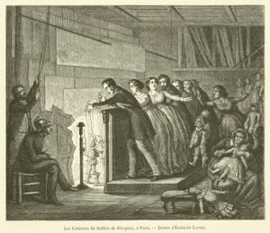 Bakom kulisserna på Seraphin-teatern, i Paris (gravyr) av French School