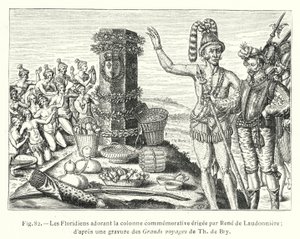 Floridianer som tillber minneskolonnen som restes av Rene de Laudonniere; efter en gravyr från Th de Brys stora resor (gravyr) av French School