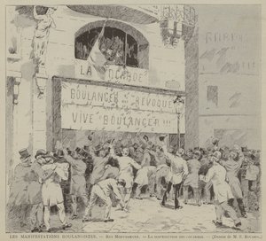 Les Manifestations Boulangistes, Rue Montmartre, La distribution des cocardes (gravyr) av French School