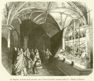 Regalierna, eller kronjuvelerna, i Tower of London, Old Hall (gravyr) av French School