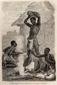 Les blacksmiths mannganyas, i en by längs Loualabafloden (dagens Kongoflod), graverad efter en teckning av D.Maillard, som illustrerar David Livingstones sista dagbok (1813-1873), 1866-1873, publicerad i "" Le tour du monde”” 1875, utg. av av French School