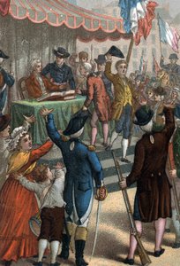 Frivilliga anmälningar (framför teatern i Odeon, Paris), La Patrie en danger, 22 juli 1792. av French School