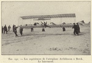 Upplevelserna av Archdeacon-flygplanet vid Berck, Lanseringen (gravyr) av French School